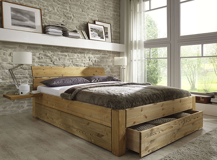 Massivholz Doppelbett mit Schubladen Kiefer massiv Holz gelaugt geölt