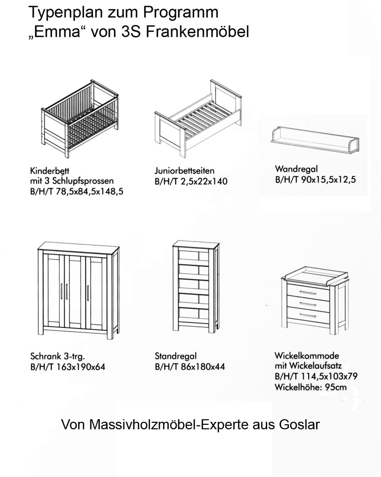 Typenplan zum Programm Emma - Kiefer massiv Holz Möbel 2013