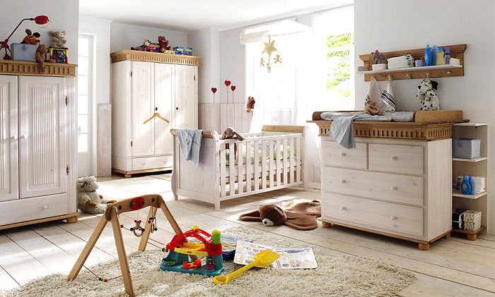 Babyzimmer-Set komplett Kiefer massiv Holz weiß antik - Euro Diffusion