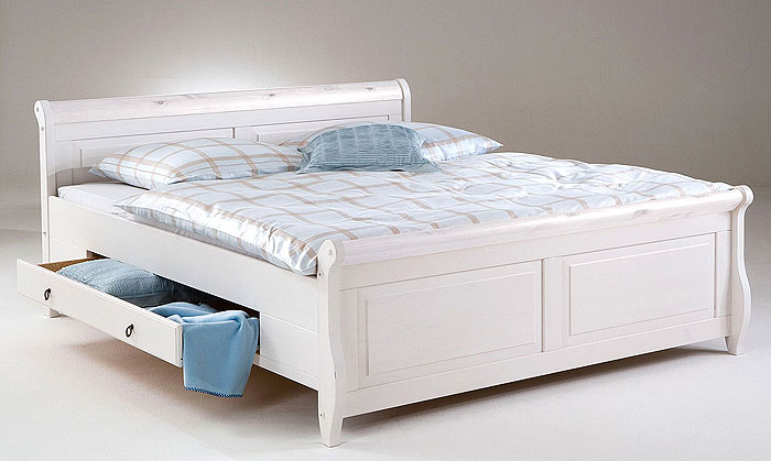 Helsinki Doppelbett mit Schubladen Kiefer massiv Holz weiß lasiert - Euro Diffusion