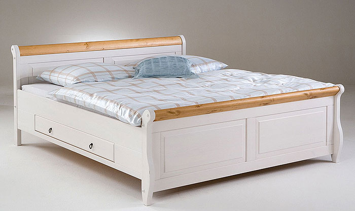 Helsinki Doppelbett mit Schubladen Kiefer massiv Holz weiß antik - Euro Diffusion