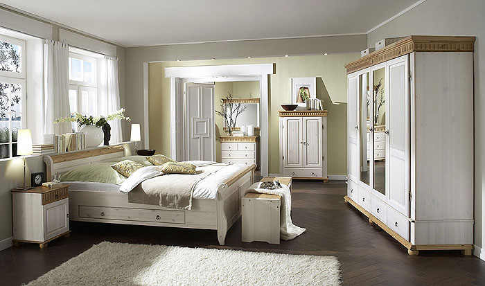 Schlafzimmer Helsinki Kiefer massiv Holz weiß antik - Euro Diffusion