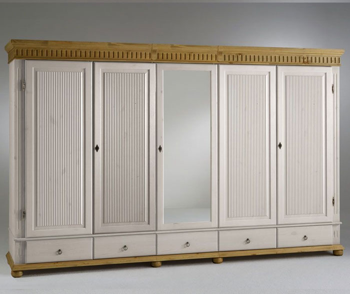 Schlafzimmerschrank Helsinki Kiefer massiv Holz weiss antik - Euro Diffusion