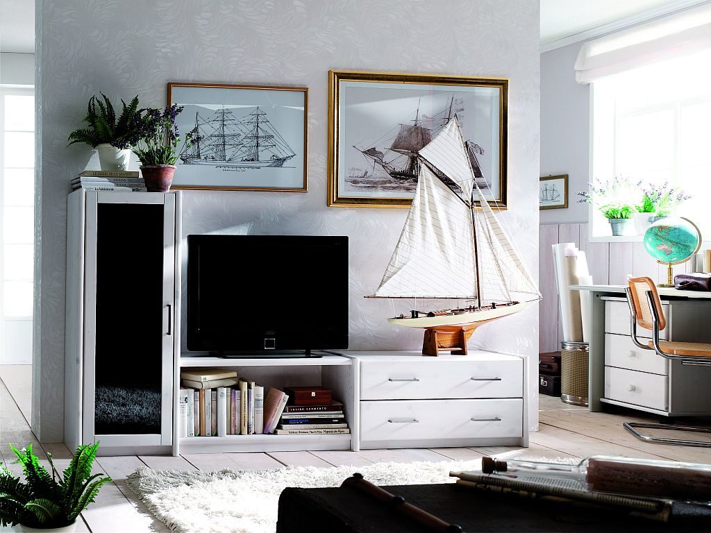 maritimes wohnzimmer kiefer massivholz regal contra weiss lackiert